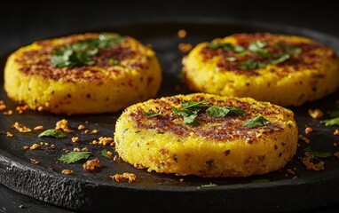 A close-up of glowing aloo tikki topped with spicy chickpea curry, yogurt, and a drizzle of tamarind chutney, garnished with sev and coriander. The colorful garnishes create an enticing street 