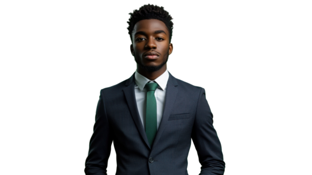 Confident businessman posing with hands in pockets on transparent background