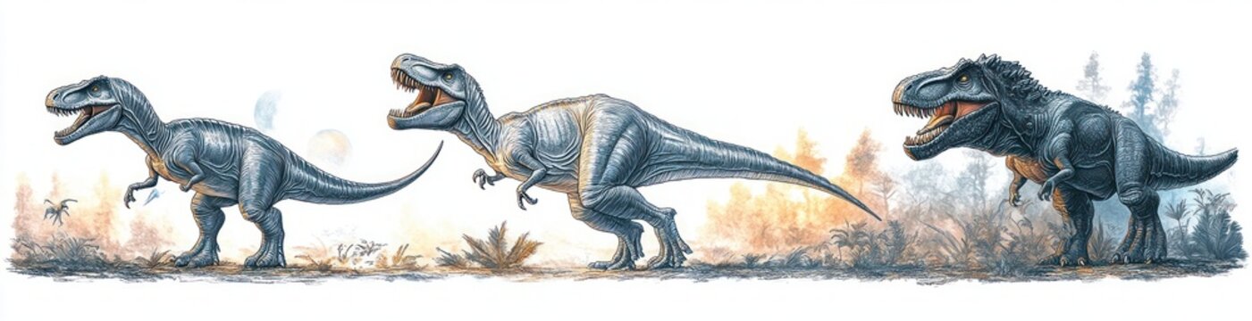 Coloring Book Template with T-Rex Abelisaurus and Spinosaurus in Prehistoric Landscape