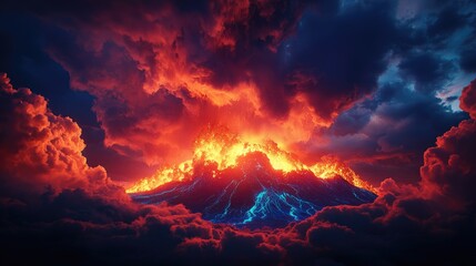Fototapeta premium Erupting Volcano under Dramatic Sky with Fiery Lava and Clouds