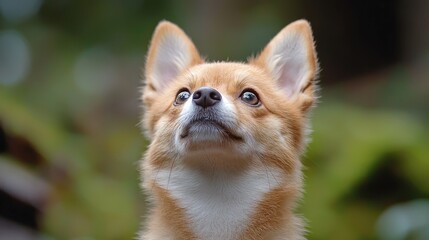 Curious puppy looking up, garden background, pet portrait