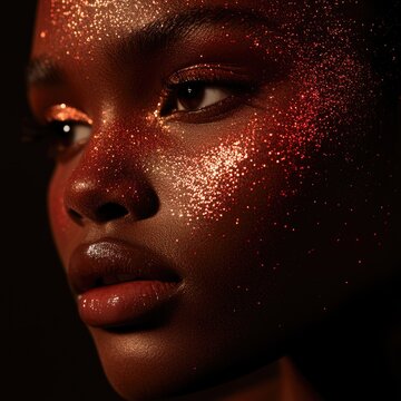 Model with melanin-rich skin in glitter makeup