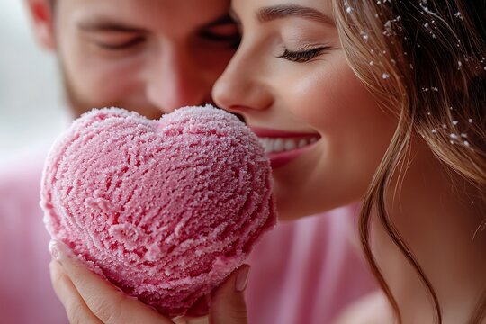 Couple sharing heart shaped ice cream