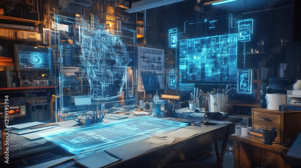 Poster holographic projections of blueprints and 3d models illuminate a high tech workshop, showcasing augm