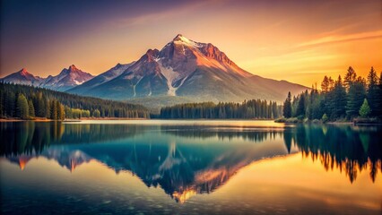 Serene Mountain Lake Reflection: Vintage Style Calm Water Landscape Photography
