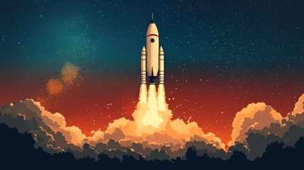 Rocket launching into starry sky at sunset with clouds and flames below
