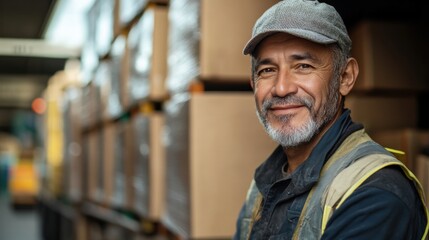 Smiling middle-aged man in warehouse with boxes and cap