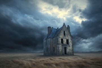 Haunted house in eerie field under stormy clouds