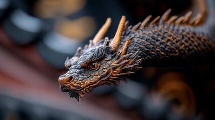 Close Up Of Ornate Black And Gold Dragon Statue