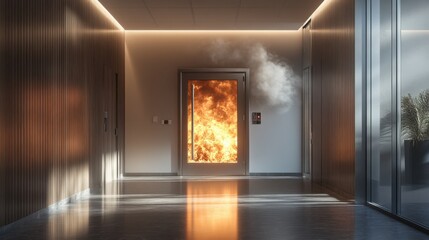 Intense office fire behind glass door in modern hallway with smoke and reflections