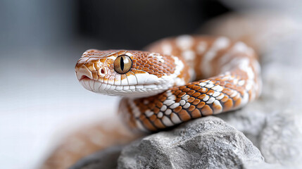 Fototapeta premium Closeup of a Brown and White Snake Coiled on Grey Rocks