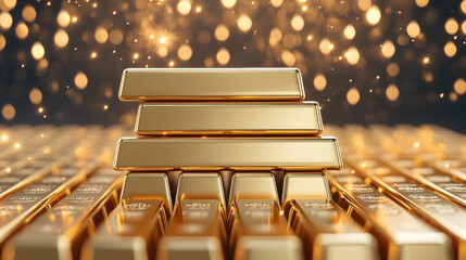 Golden Bars Glimmer in the Night Sky Amidst Fireworks and Sparkling Confetti