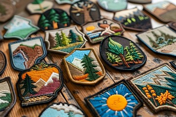 vintage handcrafted hiking patches celebrating outdoor adventure spirit. generative ai