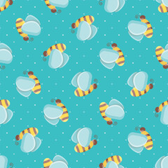 Kawaii bee pattern vector over an aqua polka dot background. Cute bug illustration.