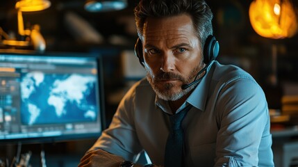 Fototapeta premium Focused customer support agent with headset in modern office environment