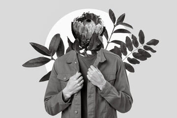 Creative artwork photo picture march gift concept headless guy growing wildflower with leaves...