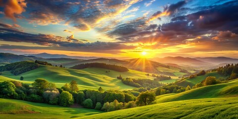Fototapeta premium Serene Spring Sunrise: Rolling Green Hills Landscape Photography