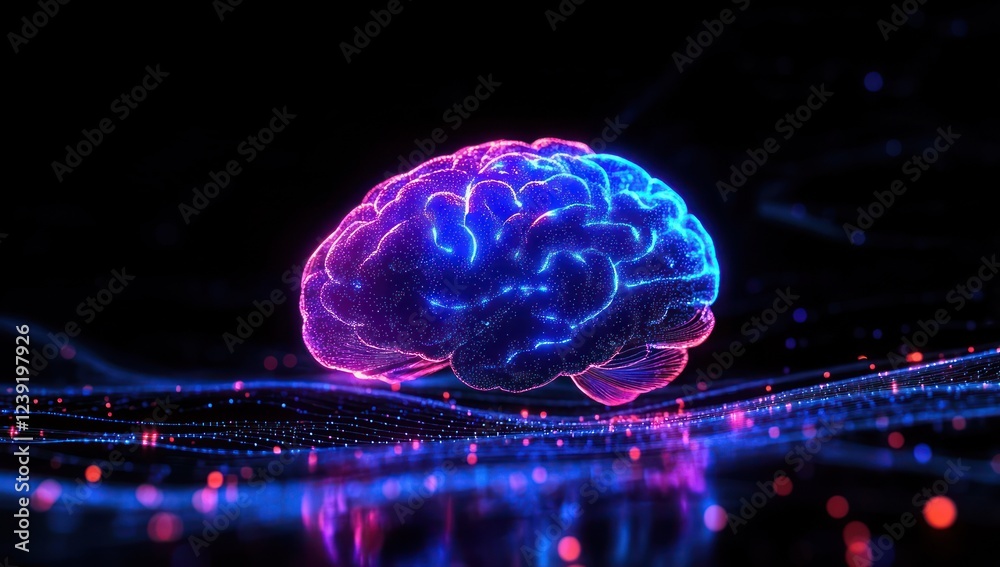 Aufkleber Futuristic Brain Hologram with Neon Lights and Digital Data Streams in Surrealistic Style