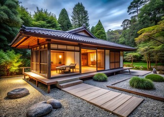 Obraz premium Serene Tea House Architecture: Tranquil Zen Garden & Traditional Design