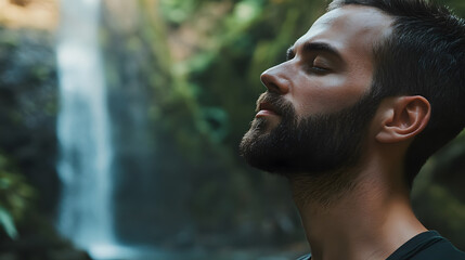 Close-up of a man's face standing next to a waterfall, eyes closed as he holds his breath during a yoga practice