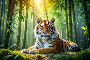 Serene Tiger Resting in Bamboo Forest Panoramic