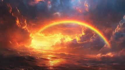 Vibrant sunset with dramatic rainbow over ocean and fiery clouds