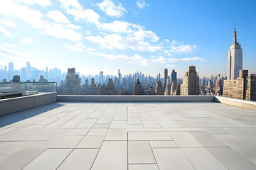 Beautiful, empty rooftop with a view of the New York City skyline on a sunny day, with a white stone floor.