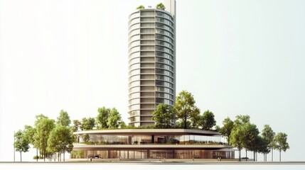 Modern cylindrical skyscraper with trees on roof, surrounded by greenery and small figures