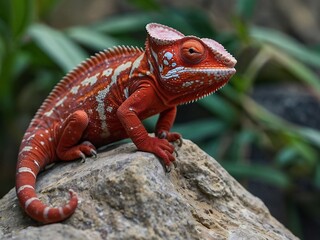 Fototapeta premium Vibrant Close-Up of a Red Chameleon in its Natural Habitat Wildlife Photography