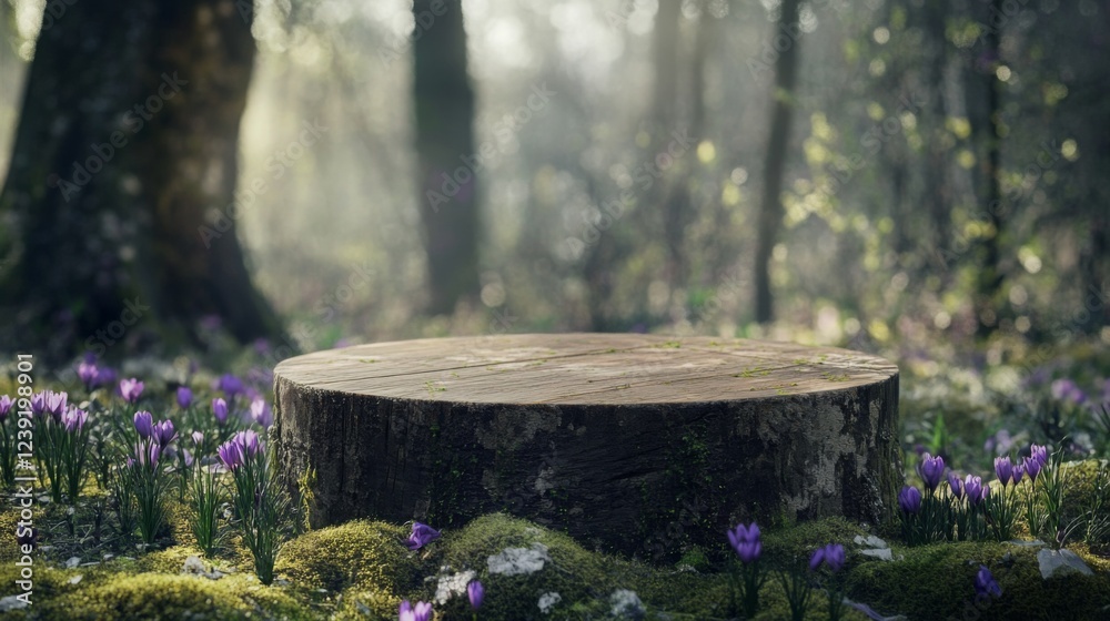 Aufkleber A wooden podium rests in a serene forest clearing during spring. Purple flowers spring up around it as sunlight filters through the trees, creating a tranquil and inviting atmosphere.