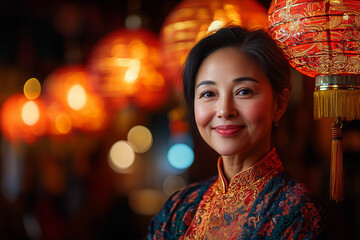 Fototapeta premium Smiling Asian Woman in Traditional Clothing Amidst Red Lanterns