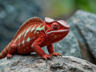 Fototapeta premium Vibrant Close-Up of a Colorful Red Chameleon in Its Natural Habitat