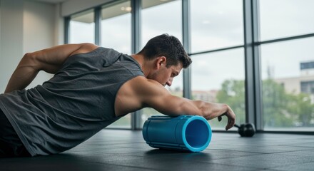 Plakat Foam Roller Recovery: A muscular man utilizes a foam roller in a gym setting, suggesting self-massage and recovery with a fitness approach.