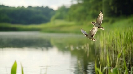 Obraz premium Two birds flying over calm lake, green forest background; nature scene