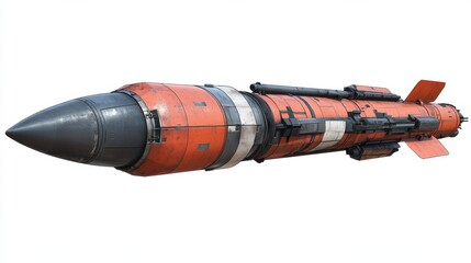 Large red and black rocket with orange fins on white background