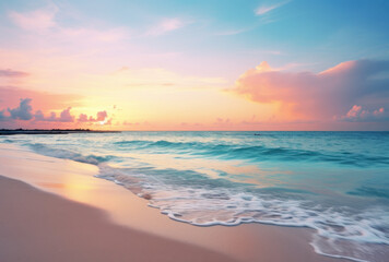 Fototapeta premium serene beach scene at sunset, featuring gentle waves lapping at shore, with colorful sky of pink and blue hues reflecting on water