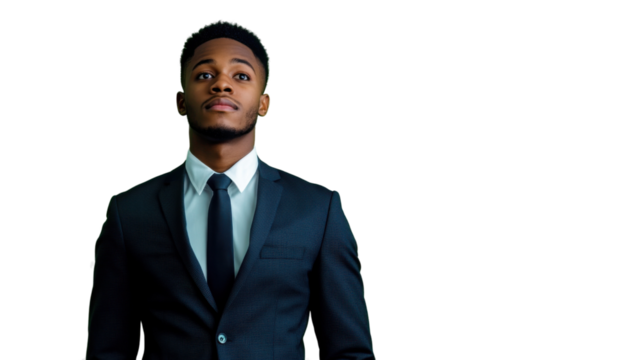 Confident businessman looking up on transparent background