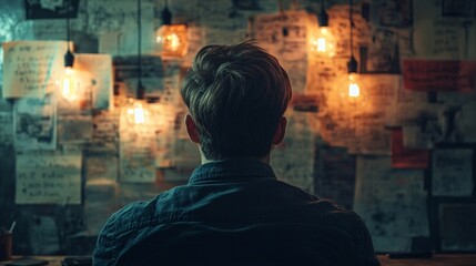 Fototapeta premium A person sits in a dimly lit room, gazing at a wall filled with notes, surrounded by glowing light bulbs, evoking a sense of mystery and contemplation.