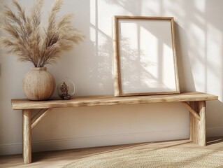 Serene Scandinavian Interior with Wooden Console Table Dried Flowers and Minimalistic Frame