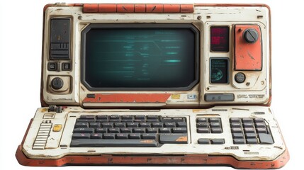 Retro futuristic computer console with vintage display and weathered keyboard