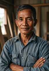Obraz premium Close up portrait of a smiling middle aged carpenter in a carpentry workshop setting
