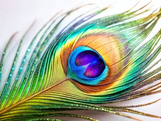 Fototapeta premium Shimmering Peacock Feather with Iridescent Colors, Isolated on White Background, Copy Space Left