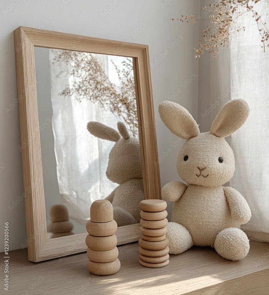 Poster cozy minimalist interior scene with plush rabbit toy and wooden stacking toy in scandinavian design