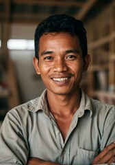 Fototapeta premium Portrait of happy carpenter with arms crossed, in a wood workshop, looking at the camera