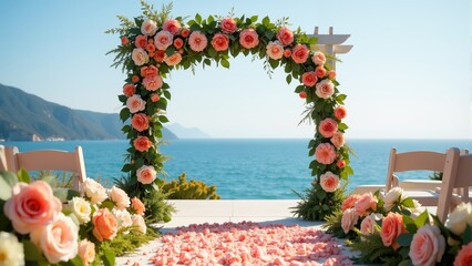 Beautiful beachside wedding ceremony set against a serene ocean backdrop with floral arch