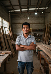 Smiling Asian carpenter in workshop stands confidently with arms crossed, wood crafting background