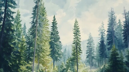 Fototapeta premium Serene Watercolor Painting Of A Majestic Evergreen Forest