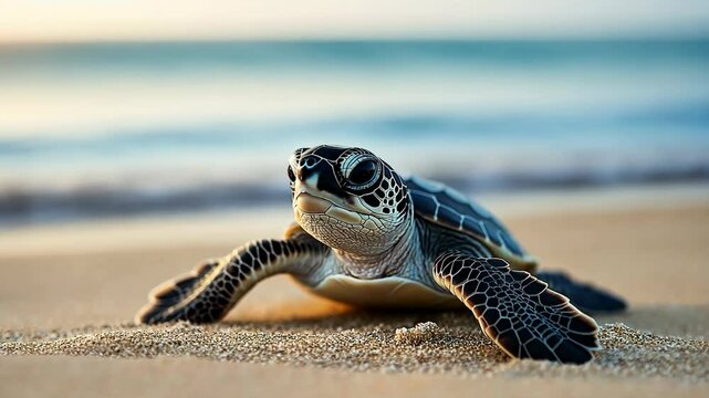 baby sea turtle on sand beach with bokeh light	
