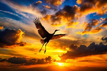 Fototapeta premium Silhouette Bird Sunrise Flight - Low Light Photography Stock Image