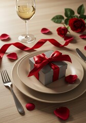 Naklejka premium Elegant Anniversary Dinner Table with Gift, Roses, and Red Ribbon for Love Celebration